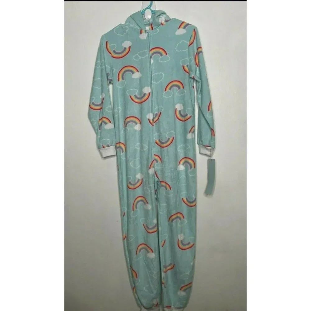 NWT Cat&Jack Rainbow Unicorn Hooded One Piece PJs sz 10/12 Large Youth
